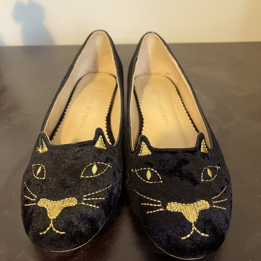 Charlotte Olympia Black Velvet Kitty Flats With Gold Embroidery